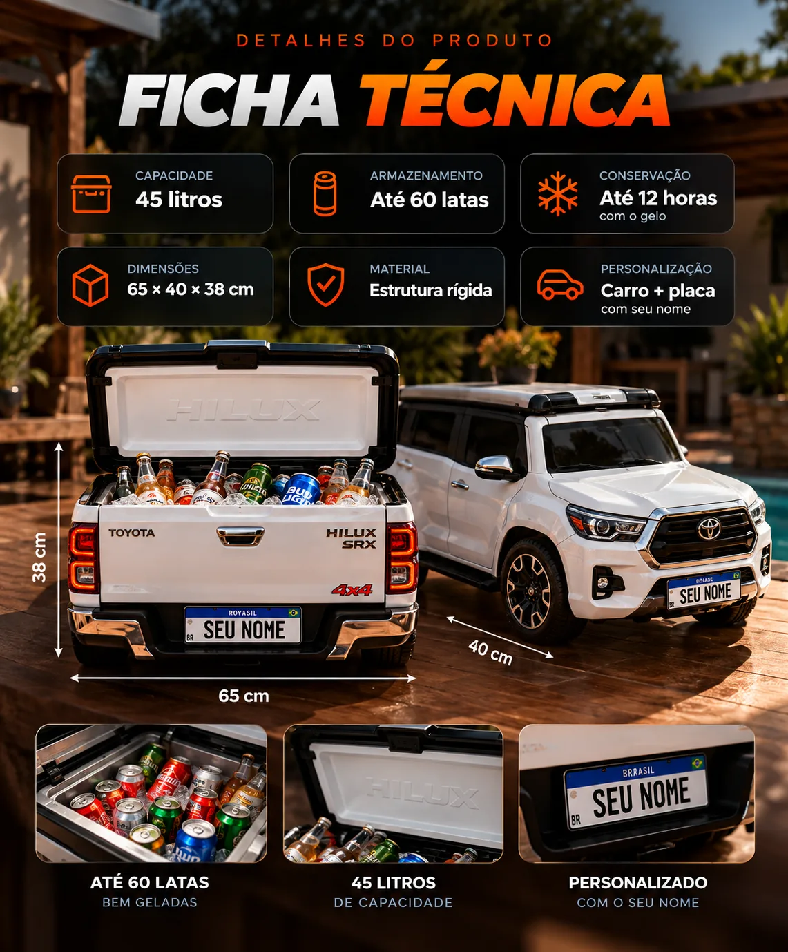 Ficha técnica do IcedCar: capacidade de 45 litros, até 60 latas, conserva o gelo por até 12 horas, dimensões 65 × 40 × 38 cm, estrutura rígida e personalização com carro e placa com seu nome